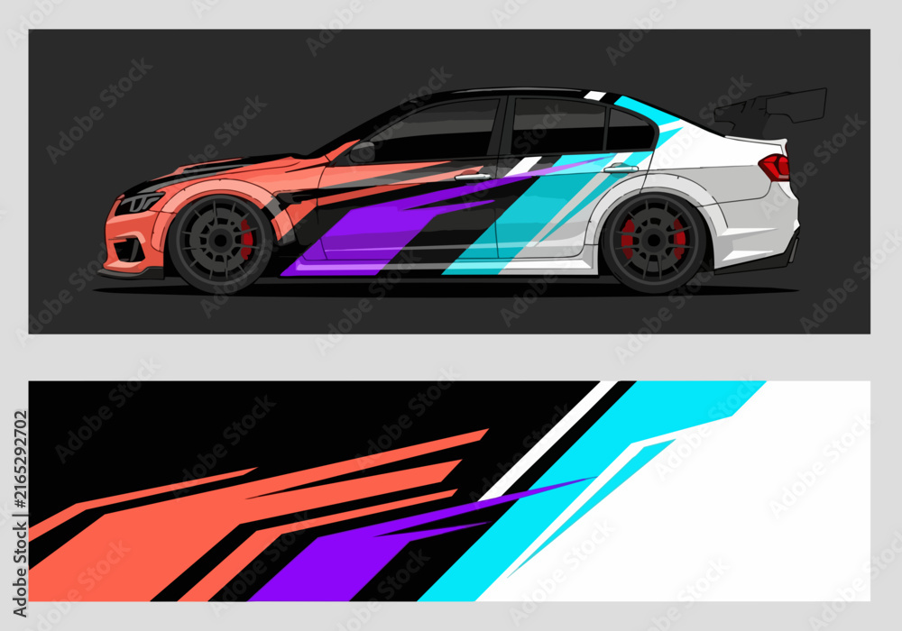 Fototapeta premium Colorful racing car with dynamic geometric decals and spoiler