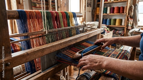 Close-up of artisan hands weaving colorful textile on a traditional wooden loom in a craft workshop