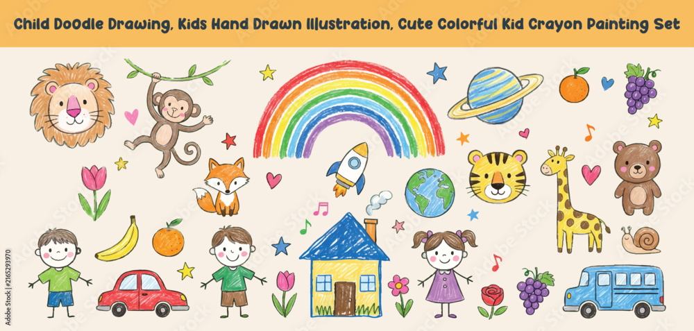 Fototapeta premium Cute colorful kid crayon painting set featuring wild animals happy people house and space elements in doodle illustration style for children book decoration and educational graphic design.