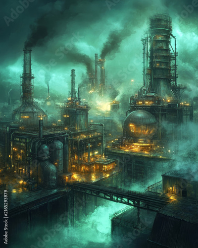 Vast industrial factory complex with glowing lights emits smoke into a dark, polluted, dystopian sky at twilight