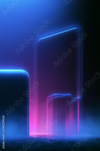 Glowing neon rectangles and curves in a foggy futuristic environment