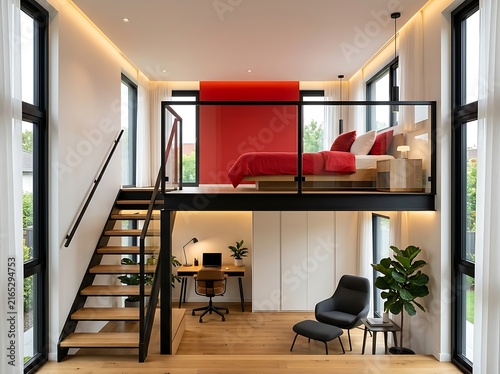 Modern Mezzanine Loft Interior Design with Bedroom Above Home Office Workspace and Living Area