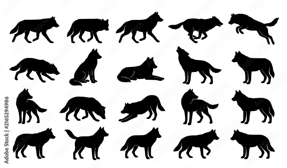 Fototapeta premium Wild Wolf Poses Black White Silhouette Symbol Set