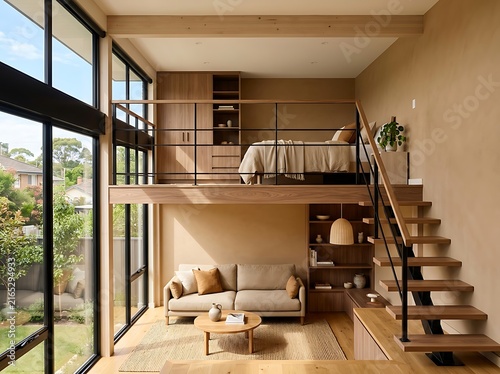 Modern Minimalist Mezzanine Loft Apartment Interior with Wooden Stairs and Cozy Living Room