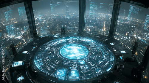 Futuristic control room with a glowing circular interface overlooking a sprawling cyberpunk city at night