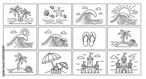 Collection of minimalist clean line art vector icons and symbols on a white background, featuring simple thin strokes for contemporary graphic design and branding projects.