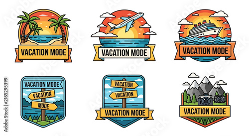 Collection of six stylized vector badges featuring modern graphic design elements, circular emblems, and decorative frames for branding, marketing, and web design icons.