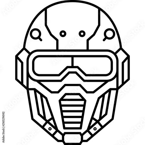 Symmetrical minimalist line art illustration of a futuristic tactical helmet. Features clean geometric lines on a dark background,conveying a high-tech,cyberpunk mood.