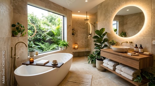 Minimalist luxury bathroom with white freestanding bathtub and backlit round mirror beside garden view