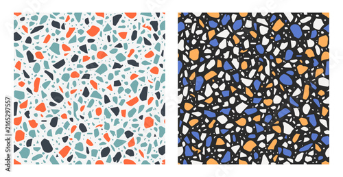 Modern Seamless Terrazzo Pattern Set with Mint Orange and Dark Blue Mosaic Chips