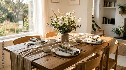Minimalist wooden dining table set with white floral centerpiece and linen runners in a bright room