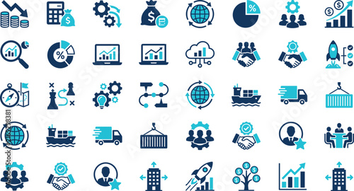 Business and finance icons set, professional corporate data and logistics vector elements, blue and navy marketing infographics, 40 flat icons for financial reports and web design