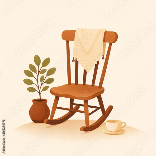 Foto Wooden rocking chair with cozy sheepskin and potted plant on sandy surface in wa