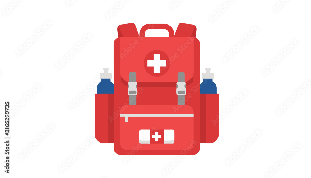 Fototapeta premium Red emergency first aid backpack equipped with medical supplies and water bottles for outdoor safety and survival situations.