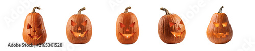 Five different carved halloween pumpkins with glowing faces isolated on a clean white background for holiday design