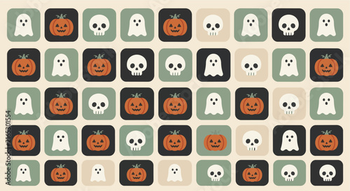 A delightful Halloween pattern featuring pumpkins, ghosts, and skulls in a grid formation. The arrangement creates a festive and playful visual