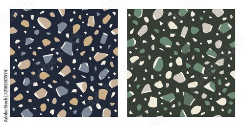 Large Chip Terrazzo Seamless Pattern Set in Deep Navy Blue and Forest Green