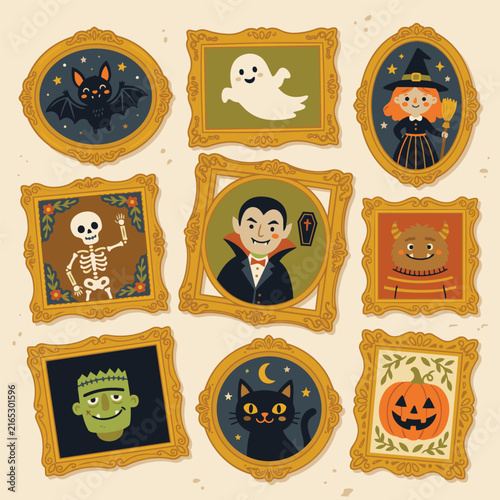 A gallery of nine framed Halloween illustrations featuring a bat, ghost, witch, skeleton, vampire, monster, Frankenstein, black cat, and jack-o-lantern.