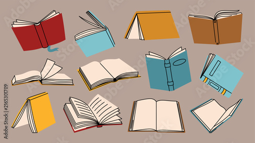 Hand drawn books in different shapes. Open books and covers, blank pages, notebooks, hardcover volumes. Cartoon vector illustration set for reading, literature, education, school, library, publishing.