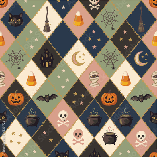 A collection of Halloween motifs arranged in a diamond pattern, featuring spooky elements like pumpkins, skulls, and bats