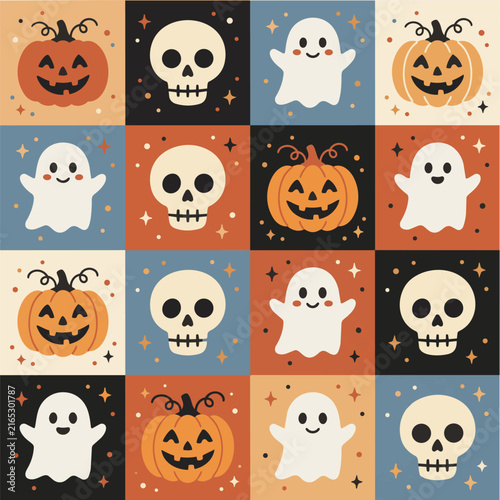 A playful pattern of Halloween icons featuring smiling pumpkins, cheerful ghosts, and grinning skulls on a checkered background. The design is vibrant and festive, evoking the spirit of the holiday.