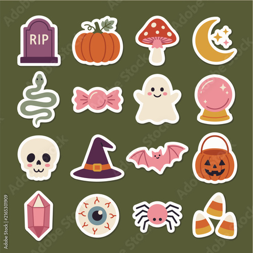 A collection of cute Halloween-themed stickers including a tombstone, pumpkin, mushroom, moon, snake, candy, ghost, crystal ball, skull, witch hat, bat, candy bucket, gemstone, eyeball, spider.