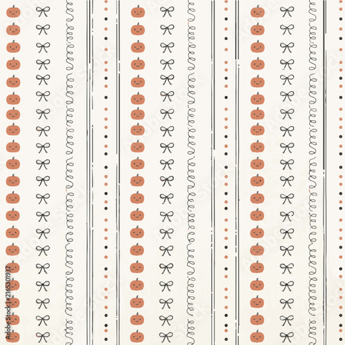 Seamless Halloween pattern with cute pumpkins and bows on a striped background