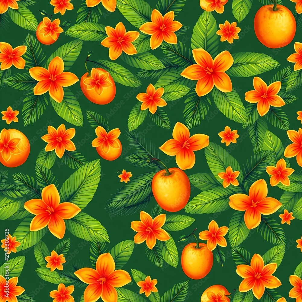 Seamless tropical fruit pattern with orange flowers, tropical, illustration