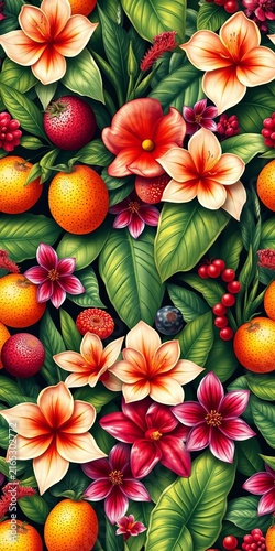 Seamless floral pattern with exotic jungle fruits and plants, illustration, florals
