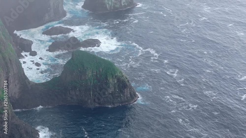 Top Down Aerial View of Coastal Sea Stacks and Cliffs in Faroe Islands