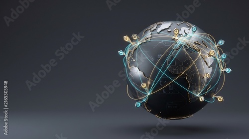 Floating 3D global business network with market expansion pins and copy space