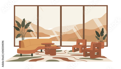 Modern living room interior features a curved orange sofa and wooden chairs placed on an abstract rug before a large window with scenic views.