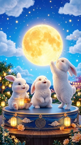 mid autumn moon festival white rabbits on podium holding glowing lantern and mooncakes under full moon in starry night sky with clouds 3D illustration