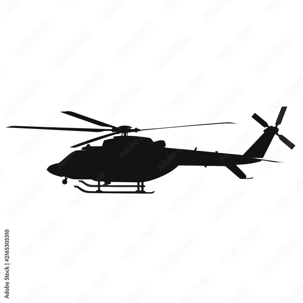 Fototapeta premium Military attack helicopter vector silhouette. Warfighter aircraft side profile. Black shadow outline for tactical design