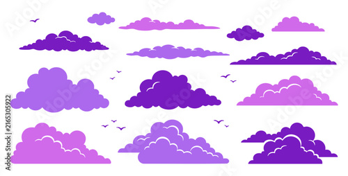 Purple clouds and flying birds set isolated on white background. Flat vector illustration of fluffy sky elements, overcast storm, or sunset.