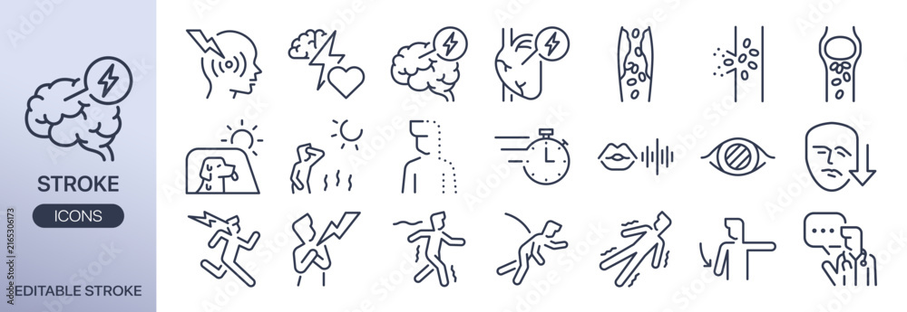 Fototapeta premium Stroke vector icon set. It included blood vessel, heart attack, illness, medical, and more icons. Editable outline Stroke.