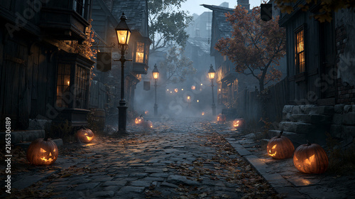Spooky carved pumpkins glowing on a dark cobblestone medieval street during autumn evening on white background