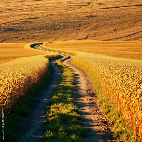 Abandoned dirt road winds through autumn field amidst rustling wheat and golden grass, fall, wheat