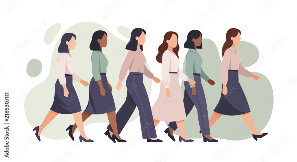 Fototapeta premium Diverse group of professional women walking together in flat vector style