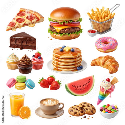 Food items including hamburger, pizza, pancakes, desserts, and drinks are arranged on a white background.