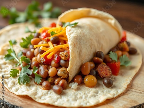 Large flour tortilla wrapped around beans, cheese, and veggies, hearty, bean