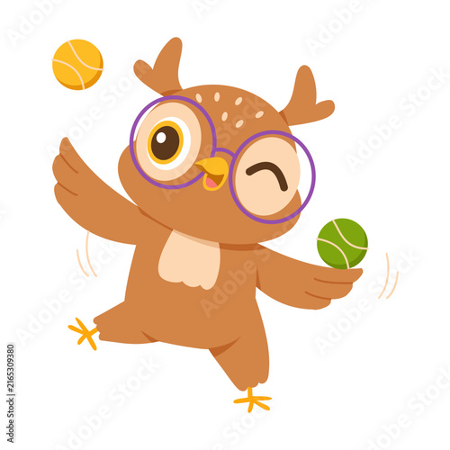 Photography A talented owl juggling colorful balls, ideal for circus, skill, balance, performance, and entertainment themes