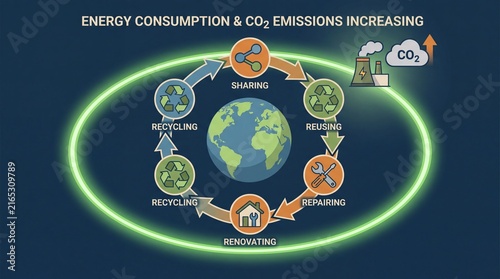 Circular economy concept. Sharing,reusing,repairing,renovating and recycling existing materials and products as much possible. Energy consumption and CO2 emissions are increasing