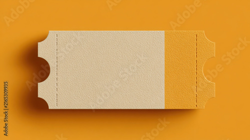 Blank textured paper admission ticket isolated against solid orange background for event entry design mockup with single rectangular admission