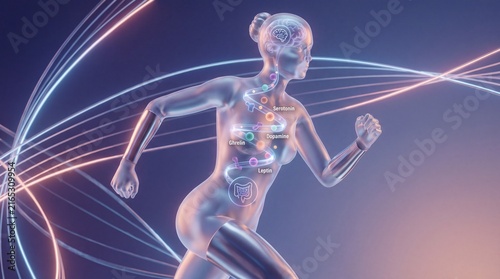 Conceptual 3D illustration of a fit woman running with brain-gut axis hormones