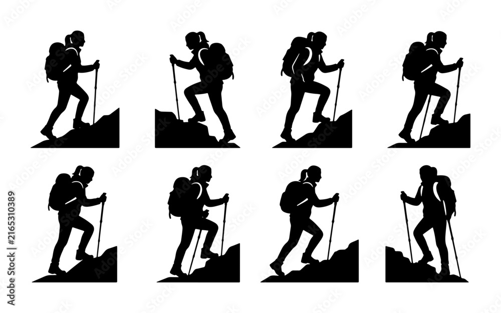 Fototapeta premium Silhouette Hikers Climbing Mountains, Set of 8 Vector Icons for Adventure and Outdoor Activity