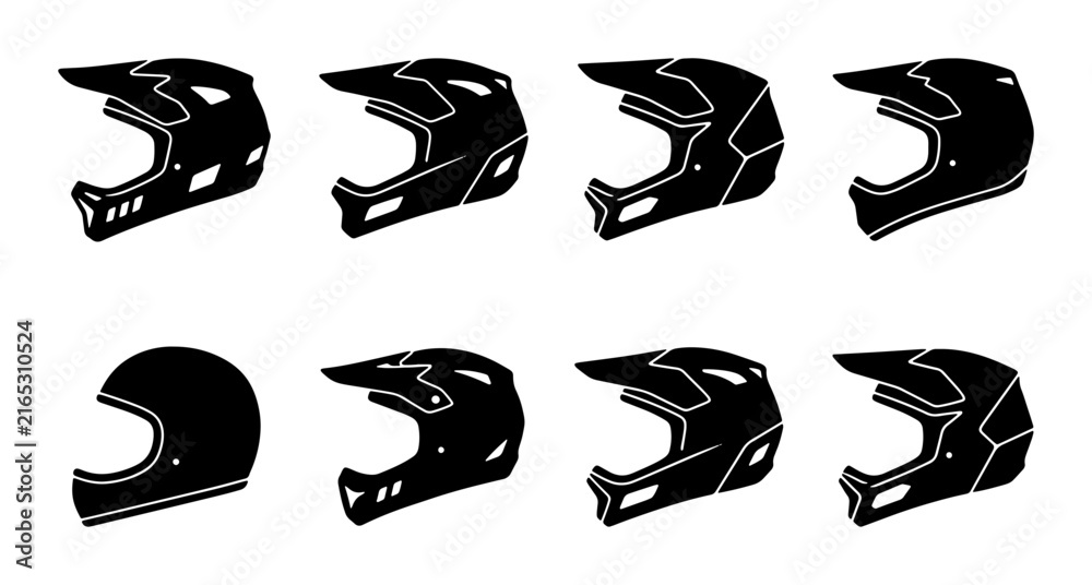 Fototapeta premium Full Face Helmet Icons, Motorcycle Safety Gear Vector Set, Extreme Sports Protective Equipment Collection