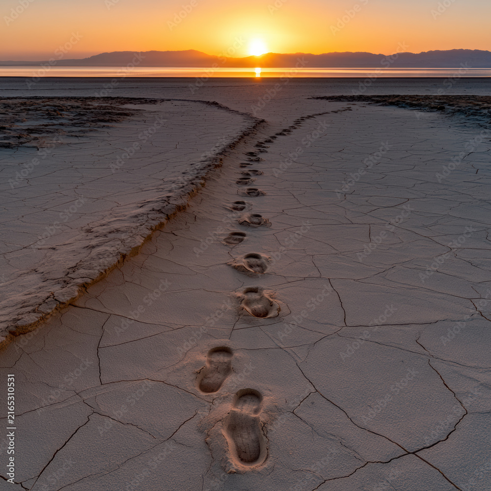 Fototapeta premium Single set of footprints crossing cracked dry earth toward sunrise over calm water, peaceful solitude, nature landscape