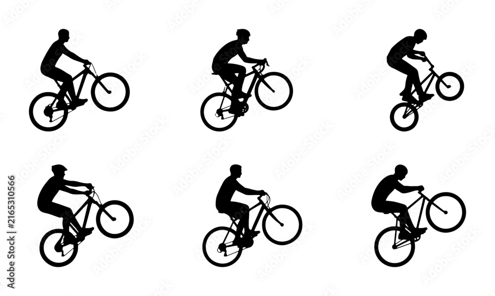 Fototapeta premium BMX Bike Rider Silhouettes, Action Sports Bicycle Stunts, Dynamic Cycling Performance Vector Set