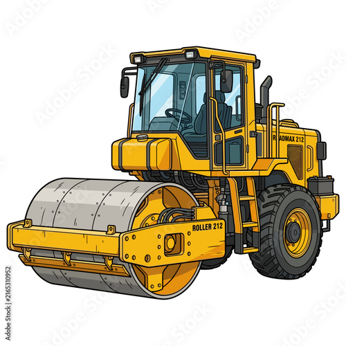 Heavy Duty Yellow Road Roller Construction Vehicle Illustration for Asphalt Paving and Soil Compaction
